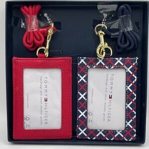 Tommy Hilfiger Lanyard ID Holder Set Red Blue Plaid Card Wallets 2 Pack NEW